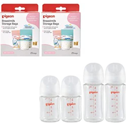 Pigeon Glass Nursing Baby Bottle Wide Neck(Pack of 4), 5.4Oz and 8.1Oz, with Disposable Breast Milk Storage Bag(50 Pcs, 4Oz), Essential Products for Breastfeeding Mothers