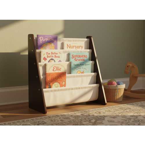 Montessori Kids Bookshelf, 4-Tier Fabric Sling, Nursery Book Organizer