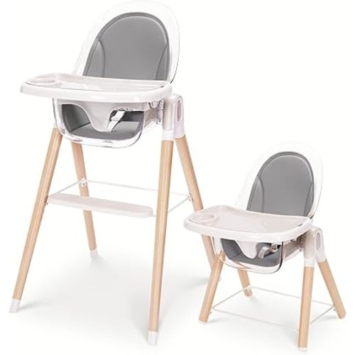 Baby High Chair, 6-in-1 Convertible Wooden High Chair, Recline Chair with Adjustable Hardwood Leg, High Chairs for Babies and Toddlers, Double Dishwasher Safe Tray & Premium Leatherette