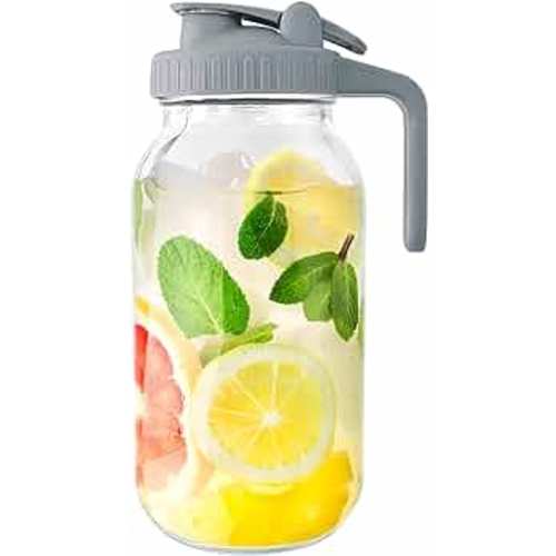 Glass Mason Jar Pitcher, 64 oz Wide Mouth Jug with Pour Spout Handle Lid for Cold Brew Coffee, Ice Beverage, Iced Juice, Lemonade, Sun Tea, Fruit Drinks Container
