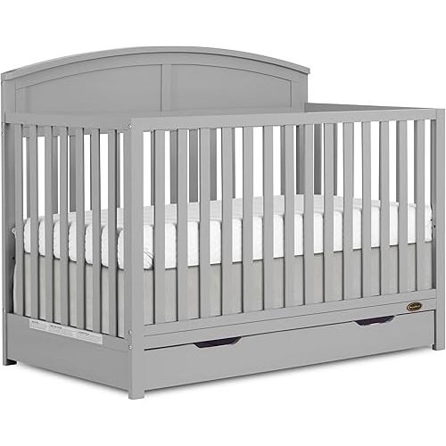 Dream On Me Storybrooke 5 in 1 Convertible Crib with Under Drawer in Pebble Grey, JPMA & Greenguard Gold Certified, Made of Sustainable Pinewood, Non-Toxic Water-Based Paint Finish