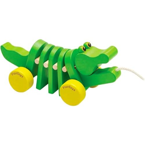 PlanToys Dancing Alligator Push & Pull Toy - Sustainably Made from Rubberwood with 3 Organic-Pigment Color Options and Makes Click-Clack Sounds and Dancing Movements when Pulled (Natural)