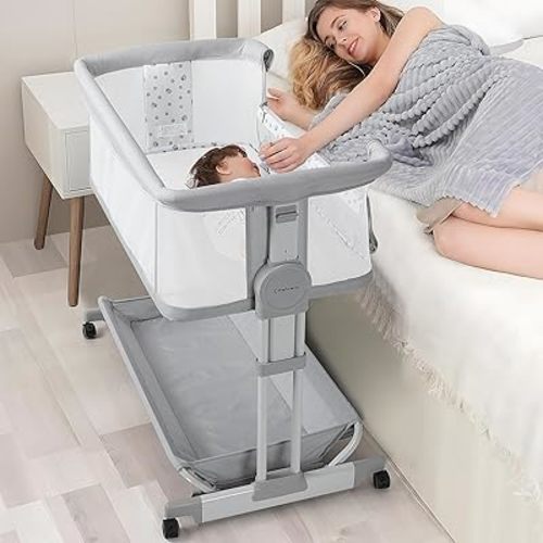 Cowiewie Bassinet Bedside Sleeper, Baby Bassinet with 4 Wheels & Adjustable Height, 360 All-Round Breathable Bedside Bassinet 2025 New