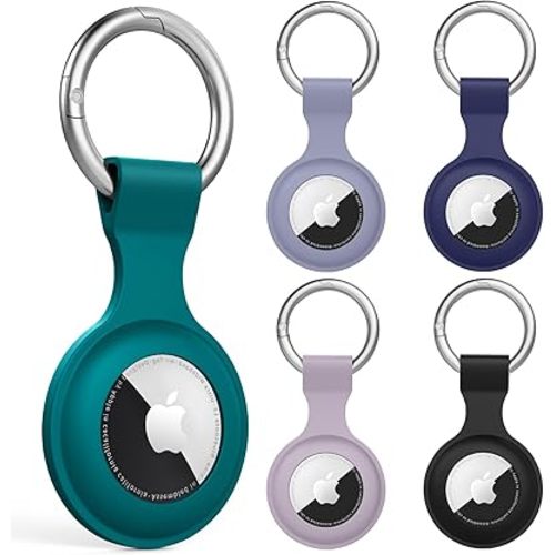 5 Pack Airtag Holder for Apple Air Tag, Airtag Case with Anti-Lost Keychain Key Ring, Silicone Protective Cover for Backpacks, Dog Collars, Luggage (Black+Light Purple+Navy Blue+Green+Grey Blue)