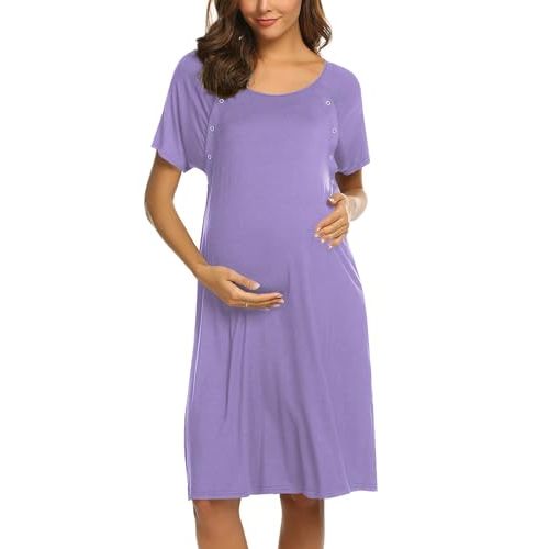 Ekouaer Women’s Nursing/Delivery/Labor/Hospital Nightdress Short Sleeve Maternity Nightgown with Button S-XXL