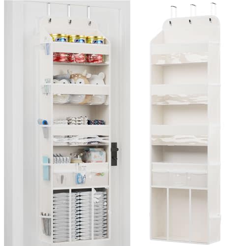 OneDream 5-Tier Over the Door Organizer with Removable Storage Caddy, Baby Clothes Organizer for Nursery, Hanging Behind Door Storage with Clear Pockets and Side Mesh Compartments, Beige