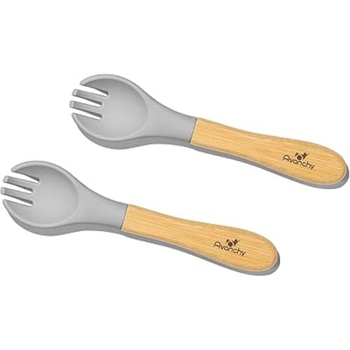 Avanchy Baby Fork Set, Bamboo and Silicone Spork Utensils, Toddler Baby Led Weaning Silverware Cutlery Flatware, Kids First Self Feeding, 2 Pack, Gray