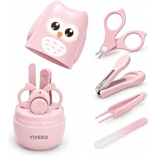 Baby Nail Kit, 4-in-1 Baby Nail Care Set with Cute Case, Baby Nail Clippers, Scissors, Nail File & Tweezers, Baby Manicure Kit and Pedicure kit for Newborn, Infant, Toddler, Kids-Owl Pink