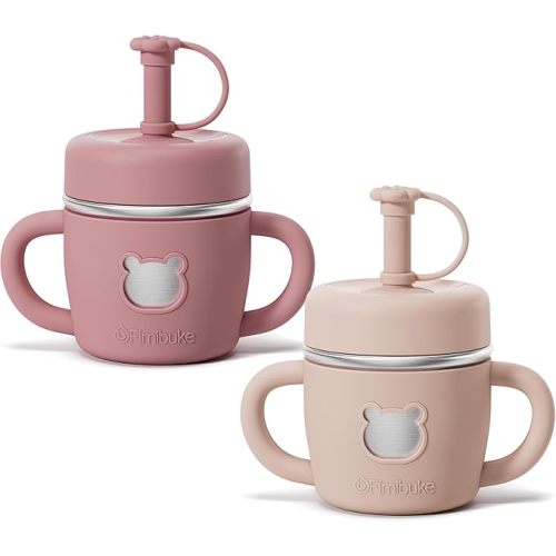 Fimibuke Sippy Cups for Toddlers, 10 OZ Spill Proof Kids Cup, Leak Proof Stainless Steel Tumbler with Handle, Silicone Straw & Sleeve, BPA Free Dishwasher Safe Girl Boy Kids Water Bottle, 2 Packs