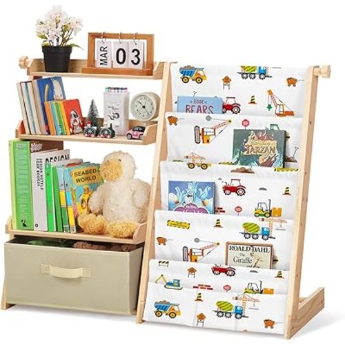 Kids Bookshelf and Toy Storage Organizer 2 in 1 Toddler Bookcase-4 Tier Book Shelf with Toy Box for Kids Room,Nursery,Playroom