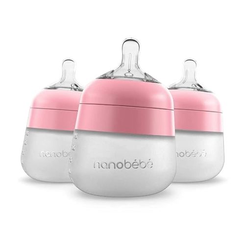 Nanobébé Flexy Silicone Baby Bottle, Anti-Colic, Natural Feel, Non-Collapsing Nipple, Non-Tip Stable Base, Easy to Clean 3-Pack, Pink, 5 oz - 5 Ounce 3-Pack