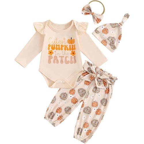 Newborn Baby Girl Halloween Outfit Ruffle Sleeve Pumpkin Face Romper Long Pants Headband 3 Piece Frist Fall Clothes