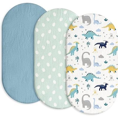 Gllquen Baby Muslin Bassinet Sheets 3 Pack, Breathable Cozy Cotton Fitted Bassinet Mattress Sheet for Baby Boy Girls, Fit for Hourglass Oval Rectangular Cradle Pad Sheets 33"x17"(Dinosaur)