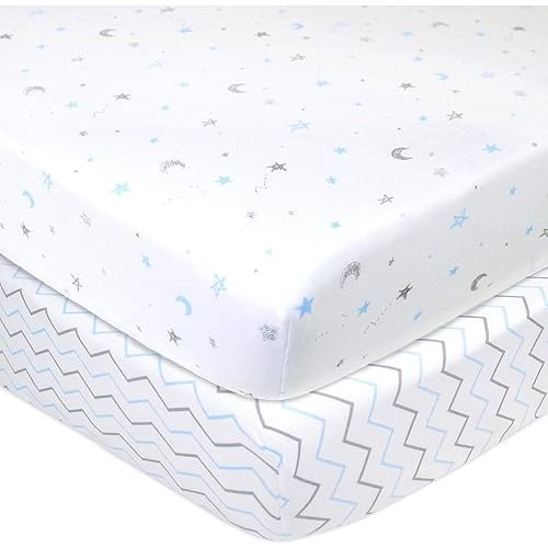 American Baby Company 2 Pack 100% Natural Cotton Fitted Crib Sheets 52" x 28" - Soft, Breathable, Hypoallergenic & Gentle Toddler Bed Sheets, Blue Star/Blue Zigzag, Neutral for Boys & Girls