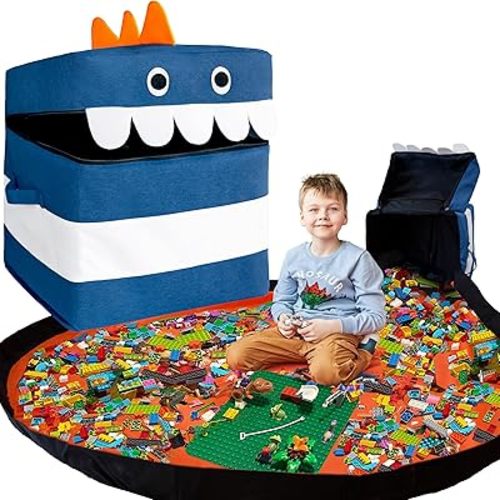 Toy Storage Organizer with Play Mat - XXL Storage Bag/Box for Kids, Boys, Girls, Nursery, Playroom - Basket for Building Bricks/Blocks - Collapsible Fabric Cube Bin, 15"x15"x15"