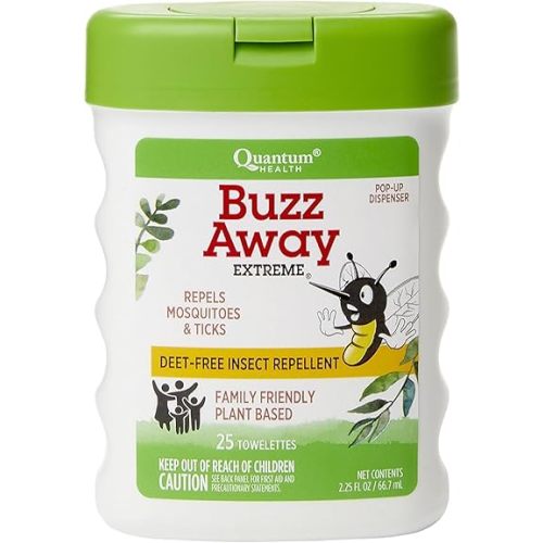 Quantum Health Buzz Away Extreme Towelettes - DEET-free Insect Repellent Wipes, Essential Oils - Pop Up Dispenser, Small Children and Up, 25 Count