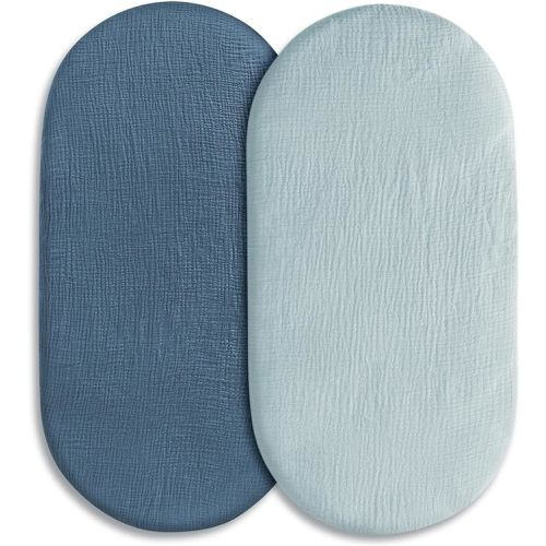 Muslin Bassinet Fitted Sheets, 2 Pack for Baby Boy and Girl, Soft Breathable Stretchy Baby Pad/Mattress Sheet Set, Universal Fit for Hourglass Oval and Rectangle Bassinet Mattress (Bright Colors) - Bassinet Sheets 2 Pack