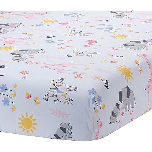 Lambs & Ivy Jazzy Jungle 100% Cotton Safari Baby Fitted Crib Sheet - White