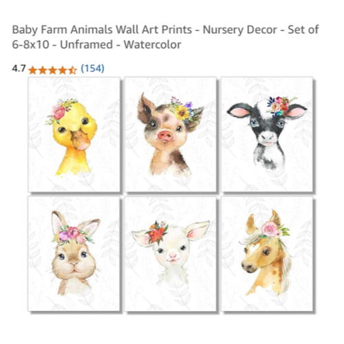 Baby Farm Animals Wall Art Prints - Nursery Decor - Set of 6-8x10 - Unframed - Watercolor