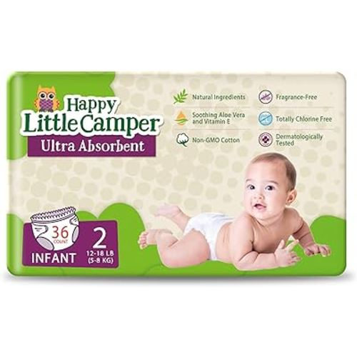 Happy Little Camper Ultra-Absorbent Natural Baby Diapers Size 2 - Hypoallergenic & Chlorine-Free Disposable Diapers Safe for Sensitive Skin - Unscented Infant Diapers - 36 Count