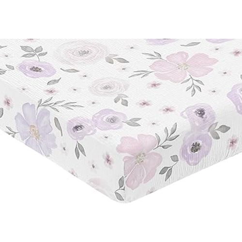 Sweet Jojo Designs Muslin Crib Sheets (Purple Boho Floral) for Baby Girls, Infant Nursery, Toddler Room - 100% Cotton Fitted Sheet Standard Size (Lavender, Bohemian Farmhouse, Shabby Chic, Watercolor)