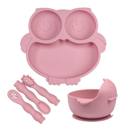 Owl Shape Silicone Baby Feeding Set, Toddler Suction Plates and Bowls Set with Spoons, Kids Silicone Dinnerware Set Eating Utensils, Pink
