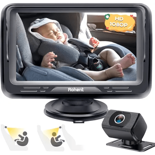 Baby Car Camera Ease Installation: Eye Protection Clear Night Vision 360° Rotation Stability Backseat Camera for 2 Kids HD 1080P Car Baby Monitor with Infant Carseat Camera Rear Facing -Rohent N06