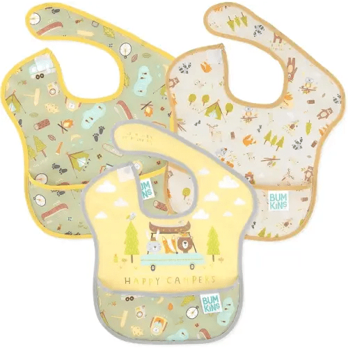 Bumkins Bibs for Girl or Boy, SuperBib Baby and Toddler 6-24 Months, Essential Must Have for Eating, Feeding, Baby Led Weaning Supplies, Mess Saving Catch Food, Waterproof Fabric 3-pk Happy Campers