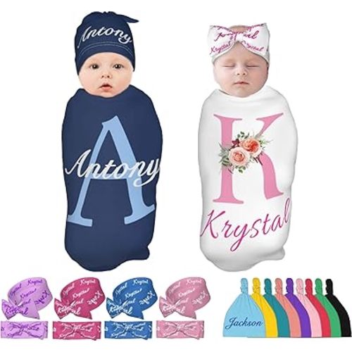 Personalized Baby Swaddle Blanket & Hat Set for Boy Girl with Initial Name Custom Newborn Swaddle Customized Baby Items Gifts