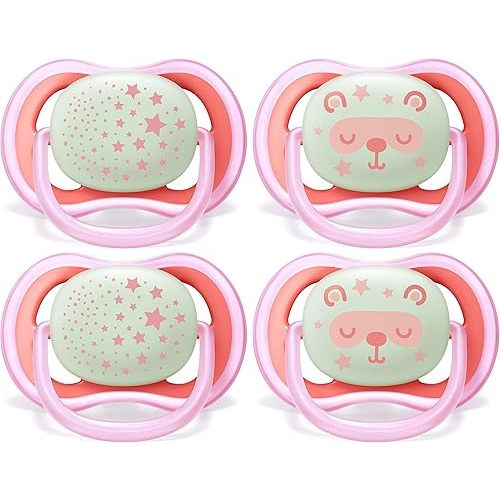 Philips AVENT Ultra Air Nighttime, 6-18 Months Pacifier, Pink, Pack of 4, SCF376/44