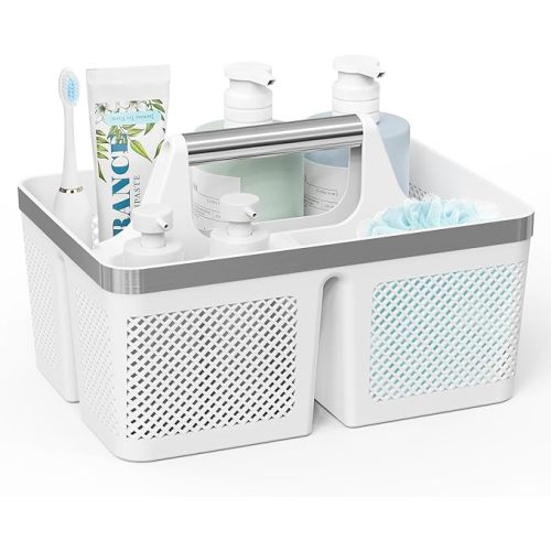 Plastic Shower Caddy Dorm: Portable Bathroom Caddy Organizer with Handle and Holes, Cleaning Basket, Hard Shower Basket Storage Tote for Toiletry, College Dorm Room Essentials White/Silver