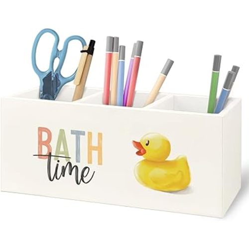 Cute Rubber Duck Wooden Toothbrush Holder Organizer, Gifts for Kids Women, Bath Time Rubber Duck Makeup Brush Holder for Vanity Bathroom Desk Accessories