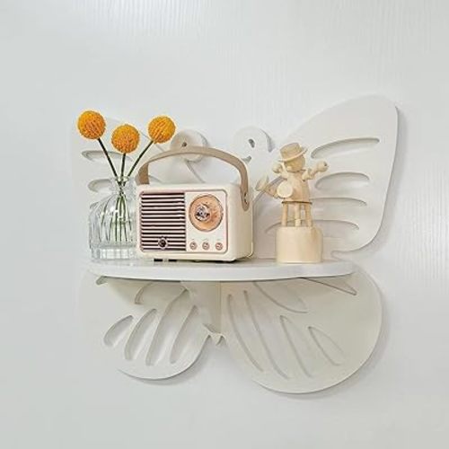 Butterfly Shaped Nursery Wall Deor Floating Shelf, Cute Wall Display Rack for Kid’s Room, Small Decorative Shelf Wall Mounted, White Hanging Wall Shelf for Toys, Plants and Decorations Storage, White