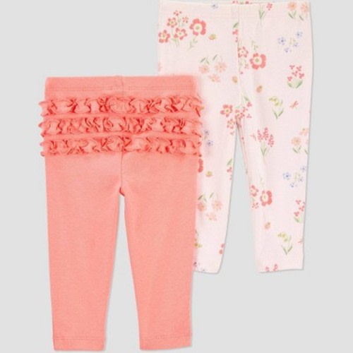 Carter's Just One You®️ Baby Girls' 2pk Coral Floral & Ruffle Pants - Pink 6M: Cotton Slim Fit, Elastic Waistband