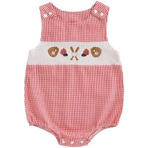 Newborn Infant Baby Boy Baseball Outfit Embroidery Smocked Bubble Romper Sleeveless Plaid Bodysuit Summer Clothes