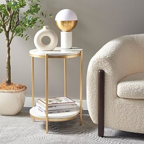 SAFAVIEH Home Collection Dove White Faux Marble/Gold End Table for Living Room, Bedroom, Home Office, Foyer