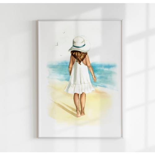Girl Walking on the Beach Wall Art, Watercolor Beach, Coastal Nursery Decor, Coastal Wall Art, Ocean Themed Girl Bedroom Wall Art, DIGITAL