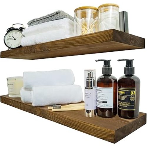 BGMG Wood Floating Shelves 24 inch, Wide Rustic Wooden Wall Shelves for Bathroom Living Room Bedroom Kitchen Farmhouse Set of 2-24x 6.7 x1.25 inch- Walnut Color