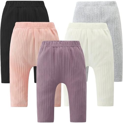 Baby and Toddler Girl's 5 Pack Cotton Ribbed Pull On Pants Leggings 0-4 Years
