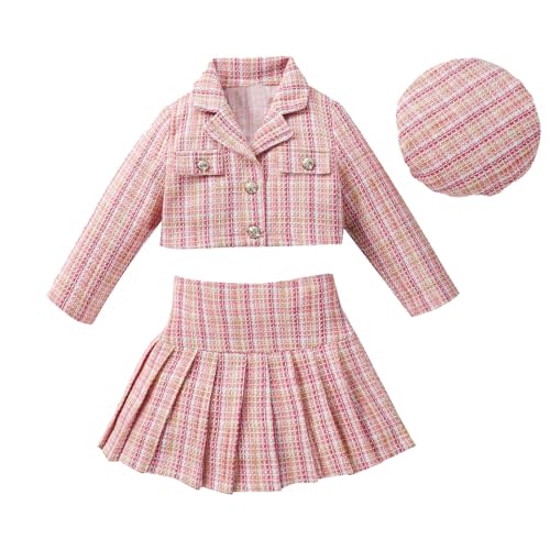 MAINESAKA Toddler Baby Girl Fall Winter Clothes Jacket And Skirt Set Plaid Cardigan Pleated Skirt With Hat Set Formal Outfits
