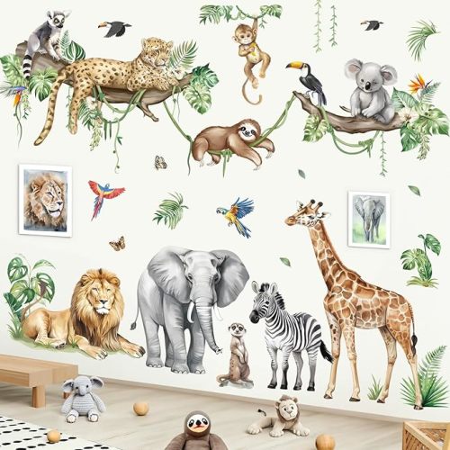 decalmile Large Jungle Animals Tree Branch Wall Stickers Safari Elephant Giraffe Leopard Tropical Leaves Wall Decals Baby Nursery Kids Room Wall Decor(XXL)
