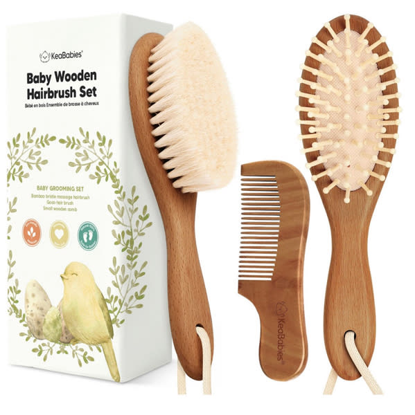 Baby Hair Brush and Comb Set, Oval Wooden Baby Brush Set for Newborns, Infant, Toddler Grooming Kit