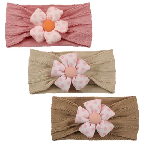 MIUXUESO 3 Pcs Baby Flower Headbands Baby Girls Nylon Headband Soft Hairbands Hair Accessories for Newborn Infant Toddler Kids (Khaki Brown Pink)