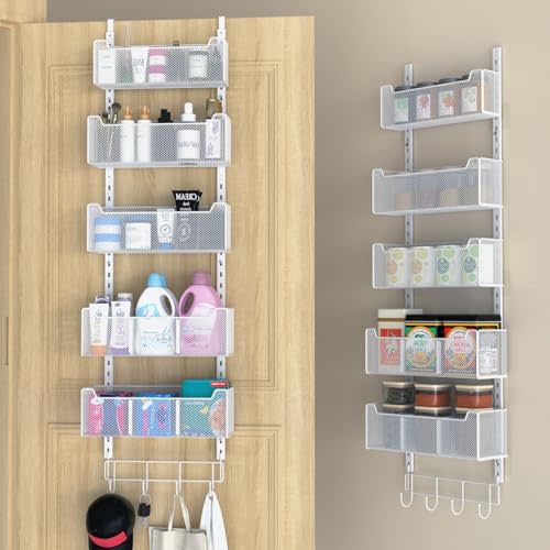 VyGrow Over The Door Organizer, Metal Door Organizer Hanging with 5 Adjustable Baskets and Coat Hook, Behind The Door Storage for Bedroom Bathroom Closet Pantry Cabinet Kitchen, White