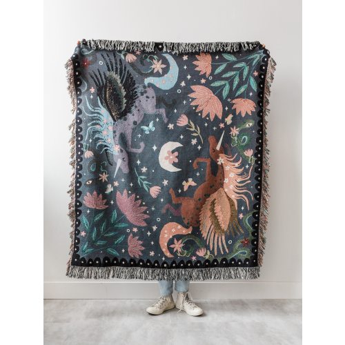 Unicorn Night Throw Blanket: Woven Cotton Throw, Boho Kids Bedding, Purple Blue, Lunar Celestial Moon, Pegasus Horse, Colorful Maximalist