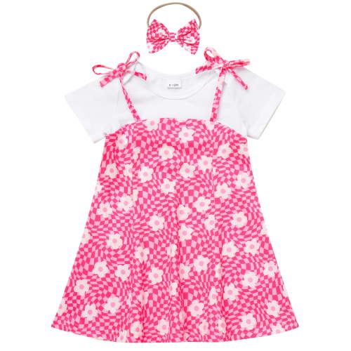 IWEMEK Girl Dresses Crew Neck Bohemian Outfits Chic Floral Printed Loose Fake White T Shirt Dress with Headband