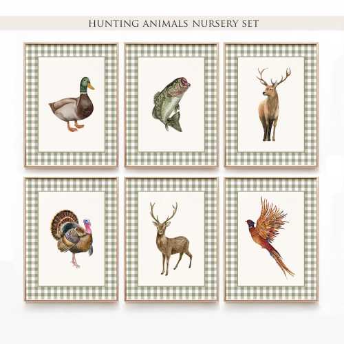 Hunting Animals Nursery Wall Art Set of 6, Mallard Duck, Deer, Elk, Pheasant, Wild Turkey, Largemouth Bass Print, Sage Green Nursery, S054