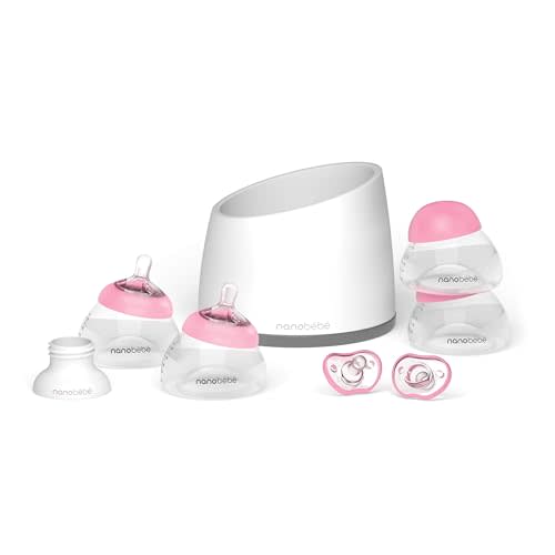Nanobebe Breastmilk Baby Bottle Anti-Colic Starter Set with Silicone Pacifiers, Bottle Warmer, Breast Pump Adapter, and Slow Flow Nipples - 5 oz - Pink/Grey