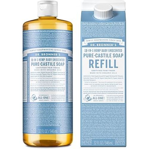 Dr. Bronner’s Pure-Castile Liquid Soap Bottle & Refill Carton - Made with Regenerative Organic Certified Oils, 82% Less Plastic-18-in-1 Uses for Face, Body Wash, Hand Soap Refill- Baby Unscented,32 oz