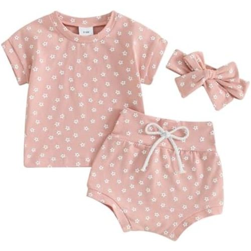 FYBITBO Newborn Baby Girls Clothes Floral Short Sleeve T-Shirt Top Flower Shorts Headband Set Casual Infant Summer Outfits